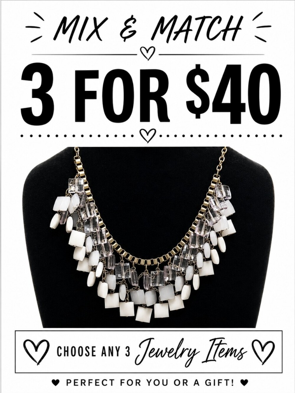 White & Clear Geometric Statement Necklace Gold Tone Bib Necklace Chunky Fashion